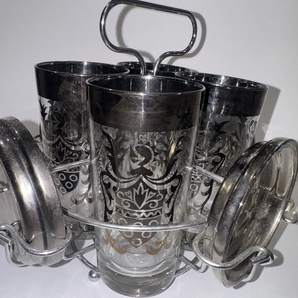 Kimiko Highball MCM Crest Glasses Silver Rim VTG Barware Caddy Coaster Set 4